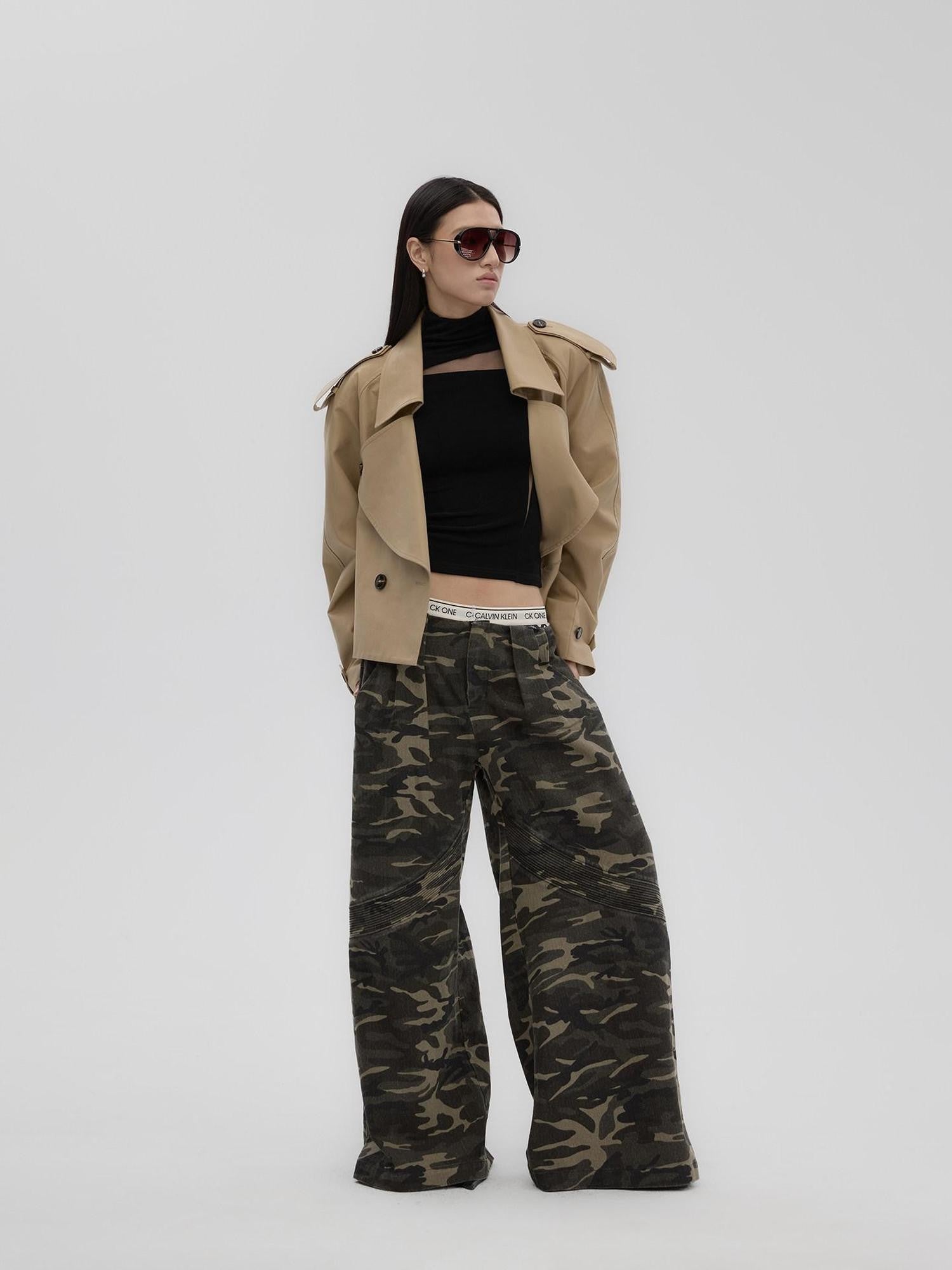 Fanptntox Camouflage Print Low Rise Utility Straight Loose Women's Cotton Wide-leg Pants