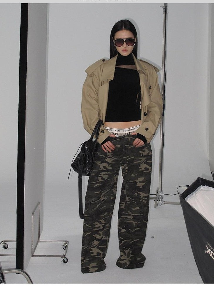 Fanptntox Camouflage Print Low Rise Utility Straight Loose Women's Cotton Wide-leg Pants