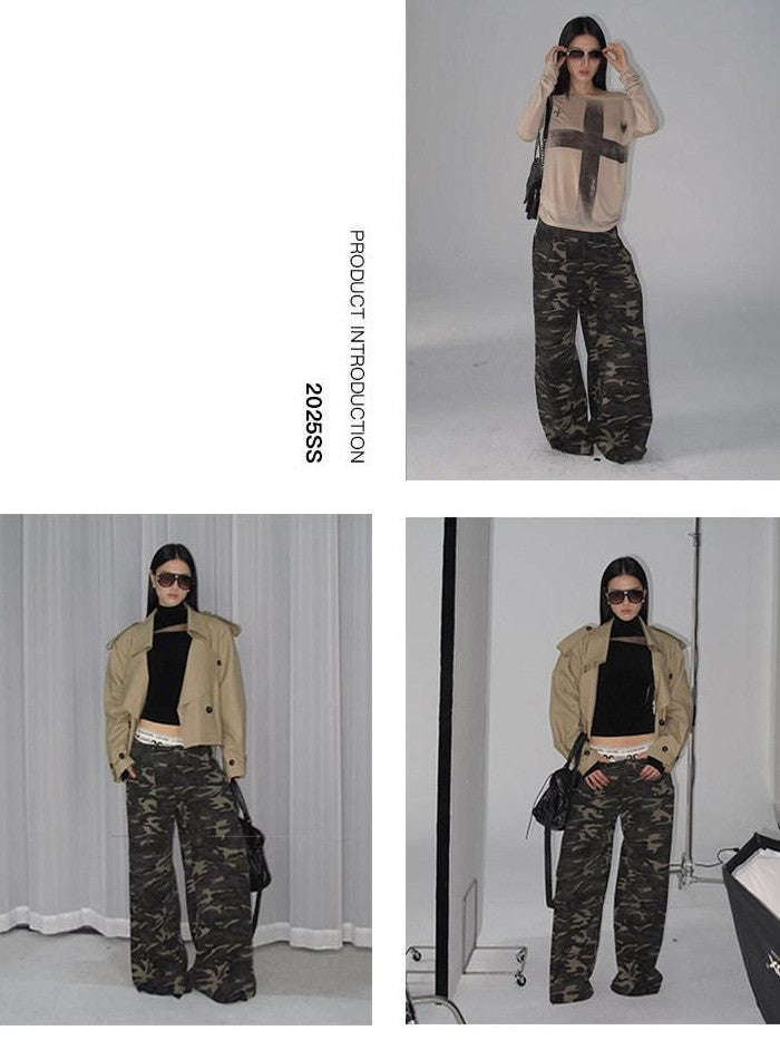 Fanptntox Camouflage Print Low Rise Utility Straight Loose Women's Cotton Wide-leg Pants