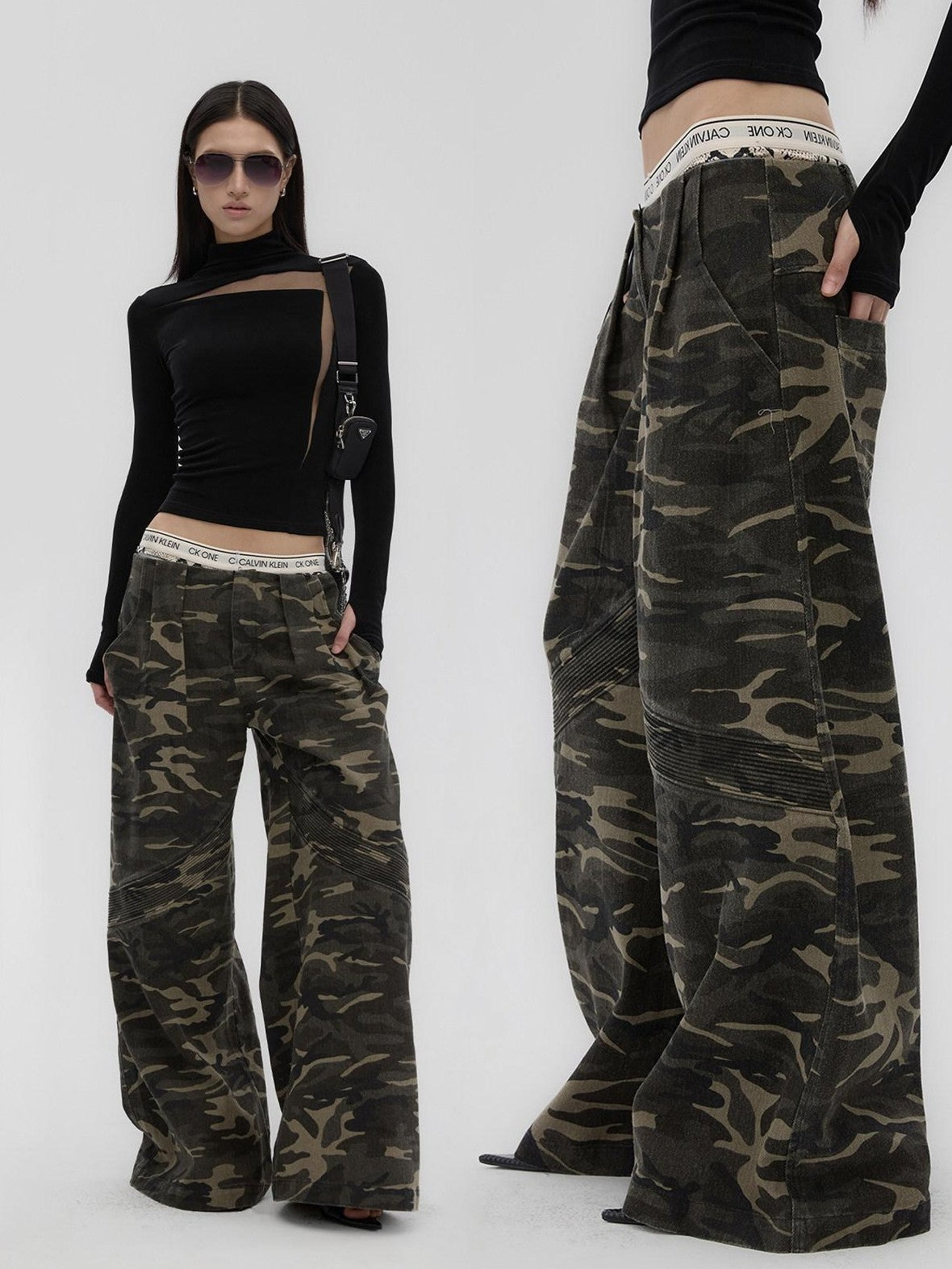 Fanptntox Camouflage Print Low Rise Utility Straight Loose Women's Cotton Wide-leg Pants