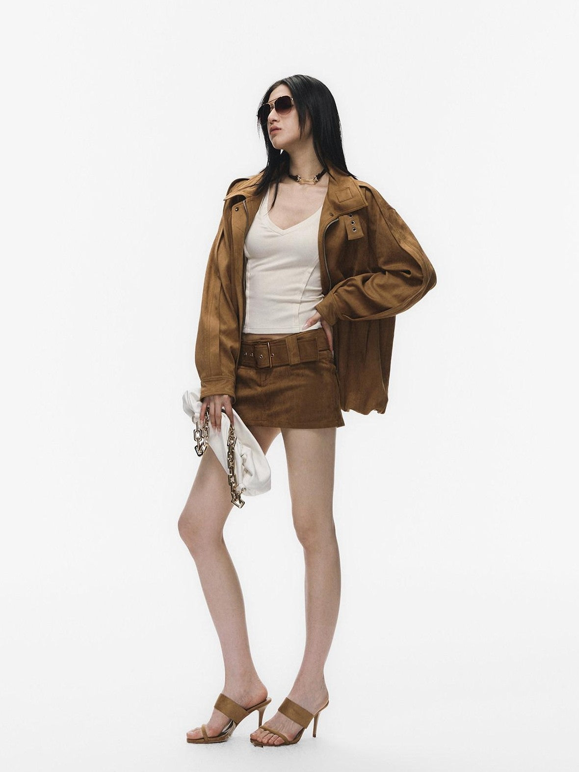 Fanptntox Caramel Vintage Large Lapel Low Waist Women's Suede Velvet Matching Skirt Sets