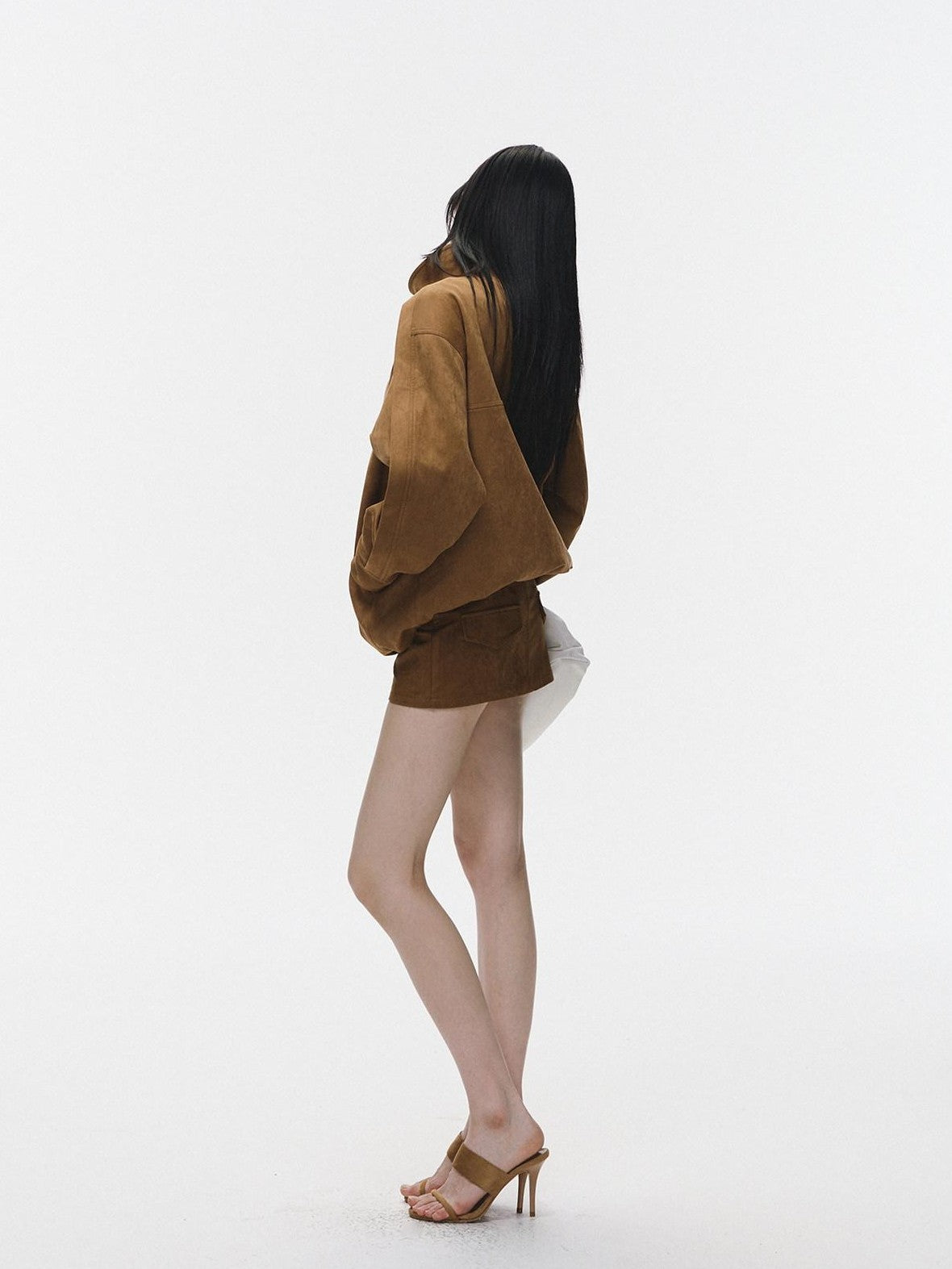Fanptntox Caramel Vintage Large Lapel Low Waist Women's Suede Velvet Matching Skirt Sets