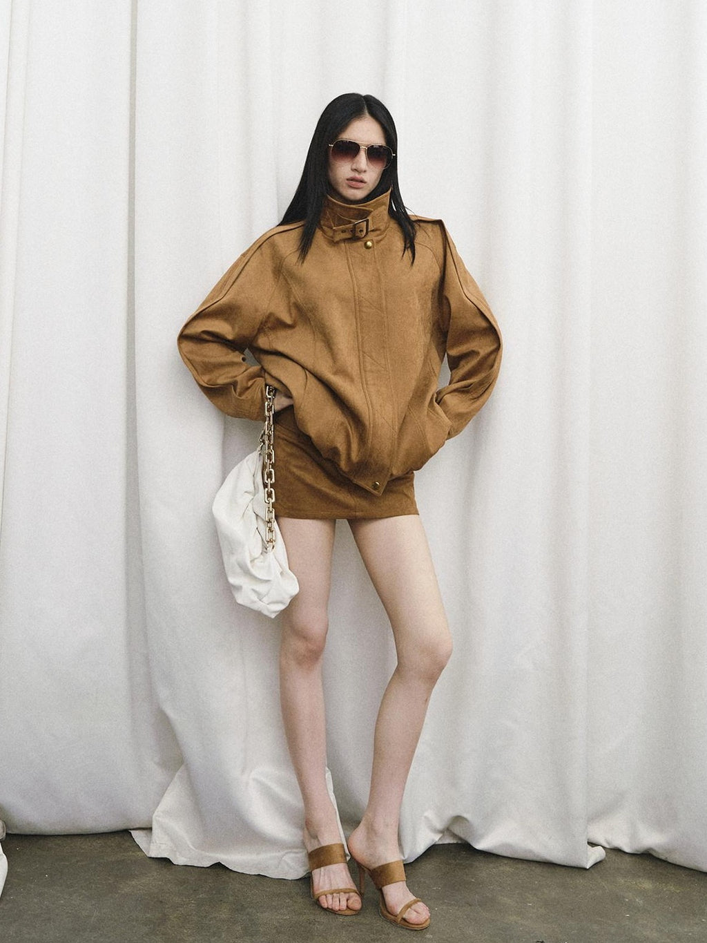 Fanptntox Caramel Vintage Large Lapel Low Waist Women's Suede Velvet Matching Skirt Sets