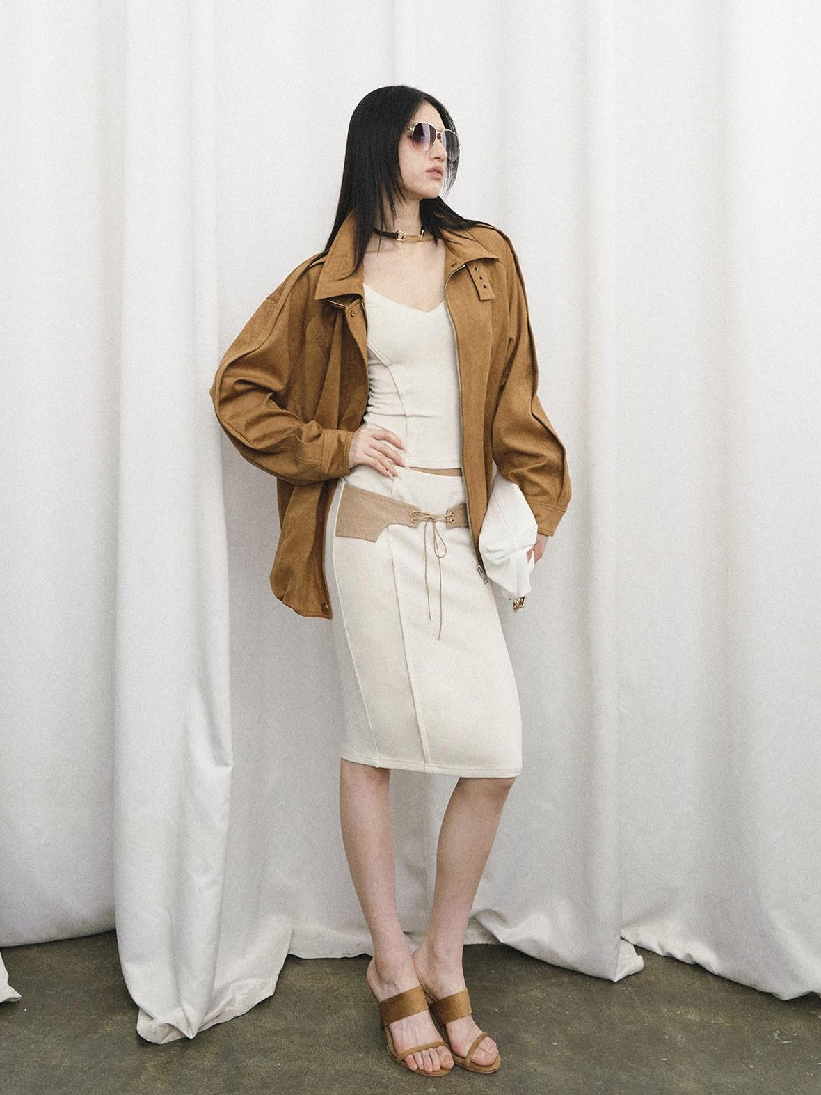 Fanptntox Caramel Vintage Large Lapel Low Waist Women's Suede Velvet Matching Skirt Sets