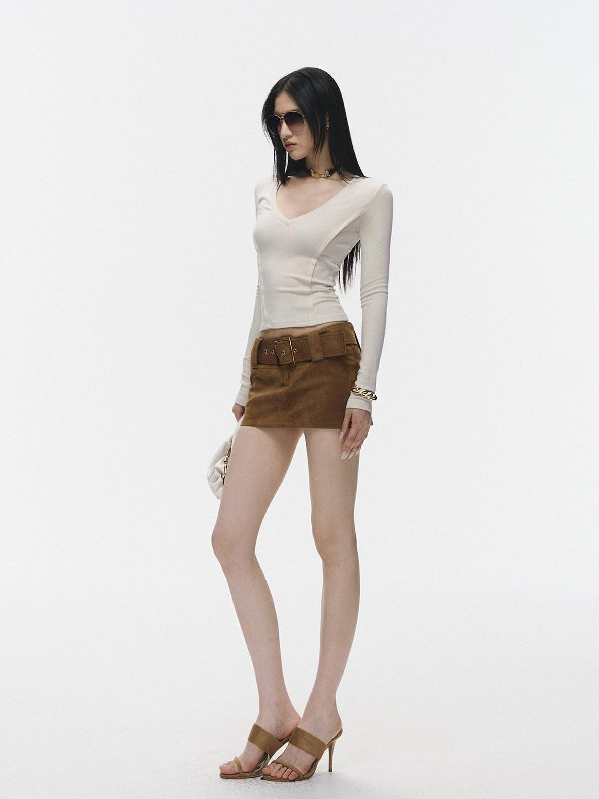 Fanptntox Caramel Vintage Large Lapel Low Waist Women's Suede Velvet Matching Skirt Sets
