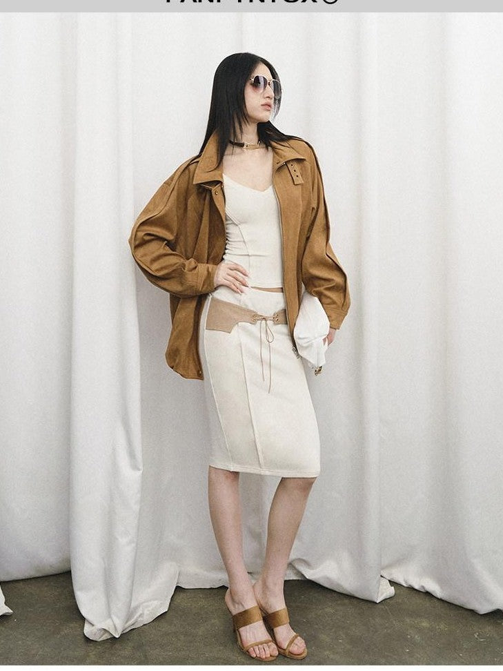 Fanptntox Caramel Vintage Large Lapel Low Waist Women's Suede Velvet Matching Skirt Sets