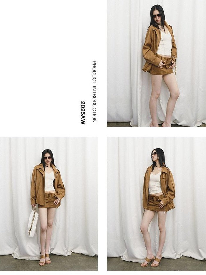 Fanptntox Caramel Vintage Large Lapel Low Waist Women's Suede Velvet Matching Skirt Sets