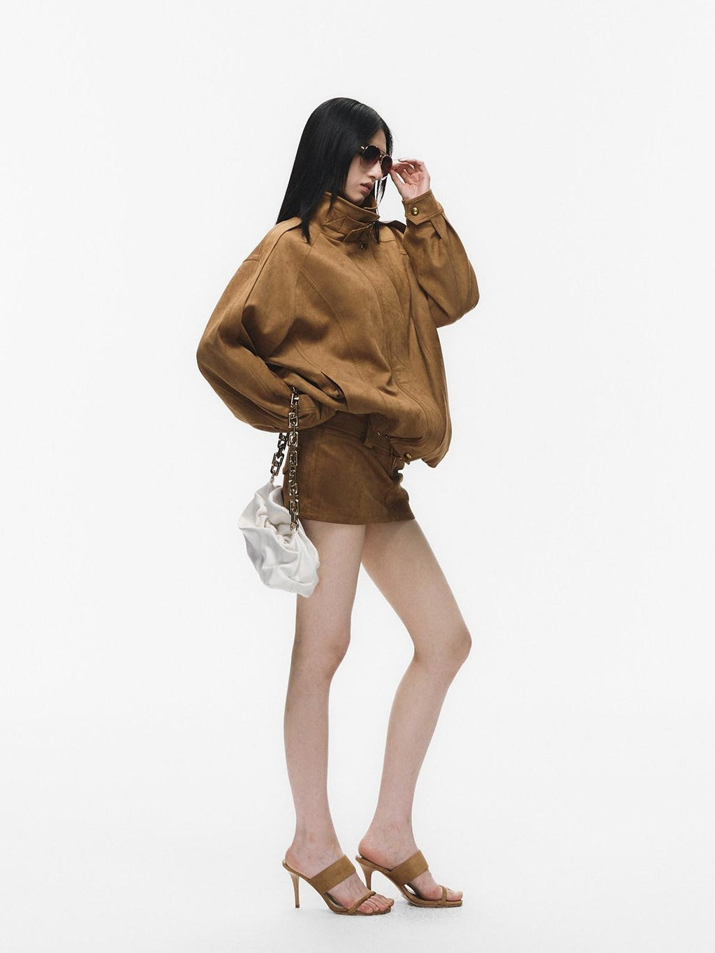 Fanptntox Caramel Vintage Large Lapel Low Waist Women's Suede Velvet Matching Skirt Sets