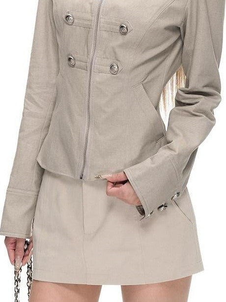 Fanptntox Ceramic White Textured Washed High Waist Aline Women's Cotton Pocket Mini Skirts