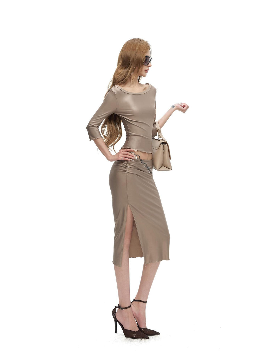 Fanptntox Champagne Gold Off Shoulder Ruched Mid Sleeve Women's Matching Skirt Sets