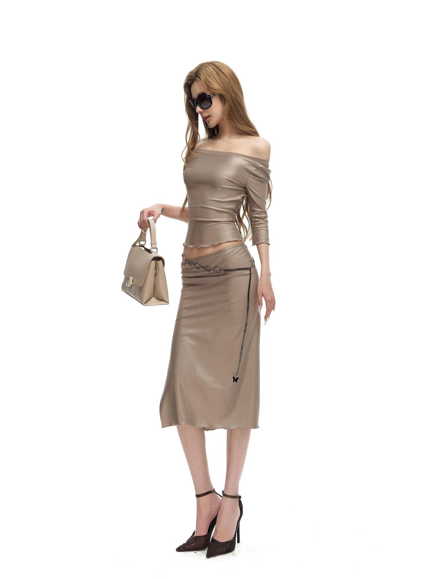 Fanptntox Champagne Gold Off Shoulder Ruched Mid Sleeve Women's Matching Skirt Sets