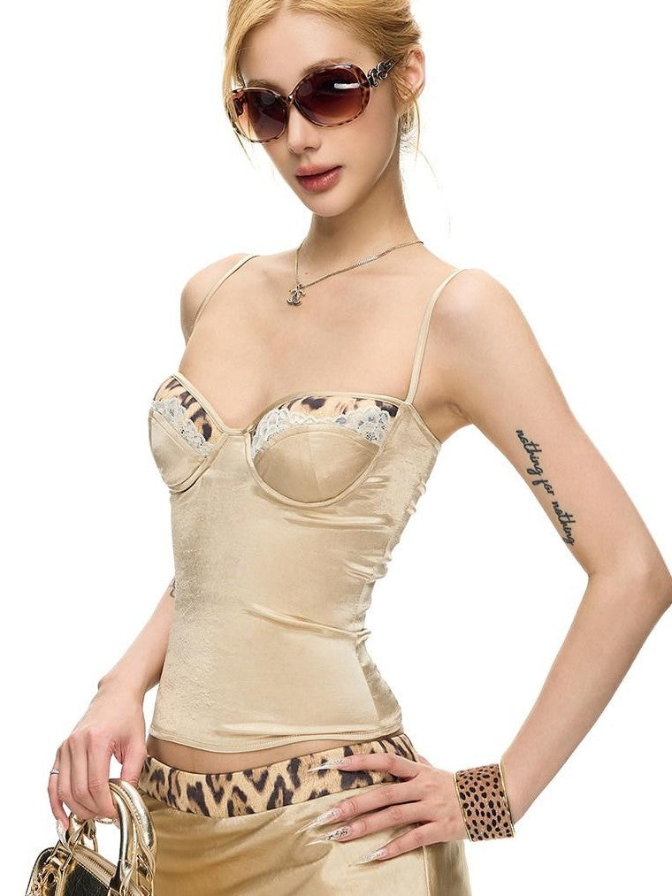 Fanptntox Champagne Leopard Patch Ruched Back Camisole Women's Satin Matching Skirt Sets