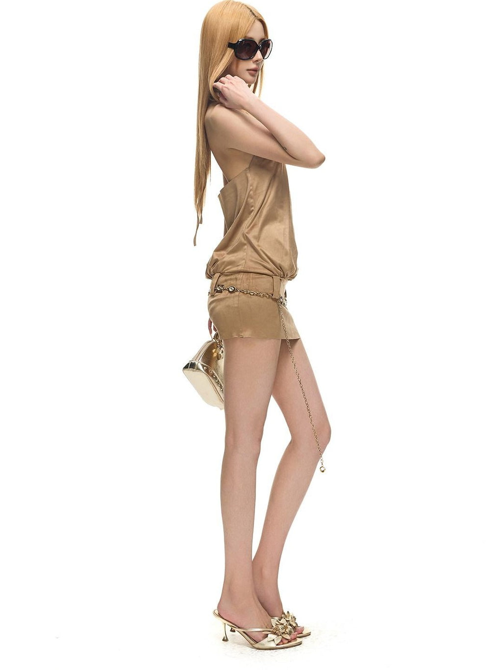 Fanptntox Champagne Suede Open Back Bodycon Women's Polyester Halter Mini Dresses
