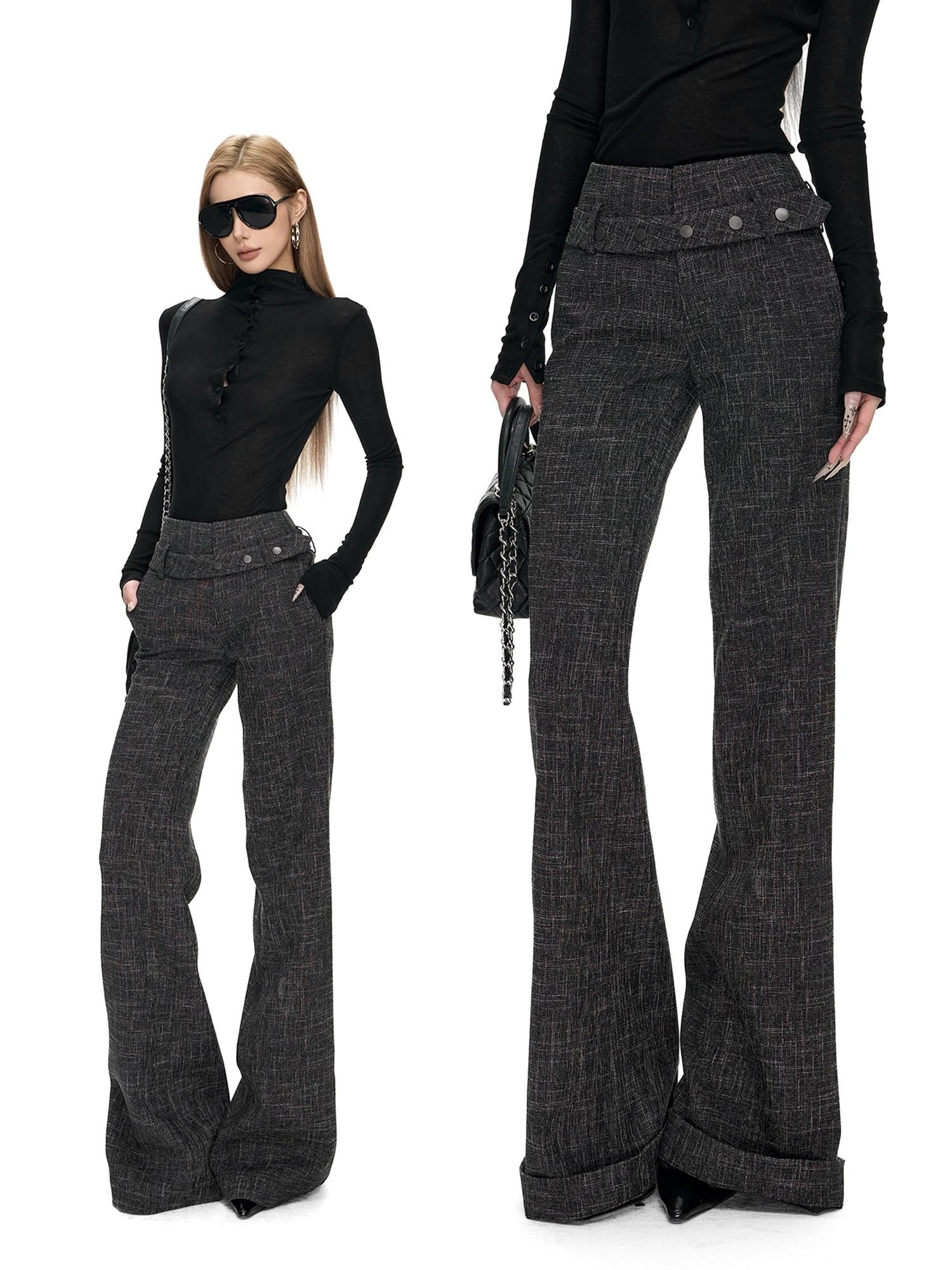 Fanptntox Checked High Waist Cuffed Straight Women's Polyester Tailored Pants