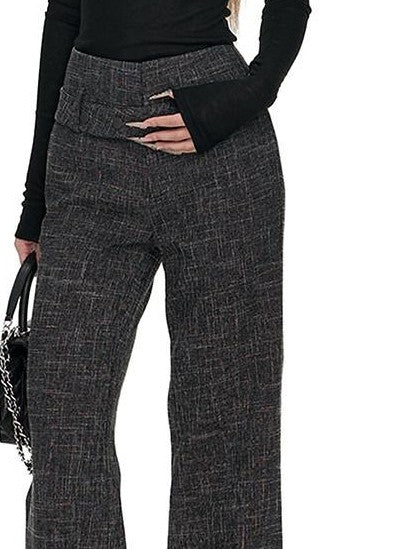 Fanptntox Checked High Waist Cuffed Straight Women's Polyester Tailored Pants