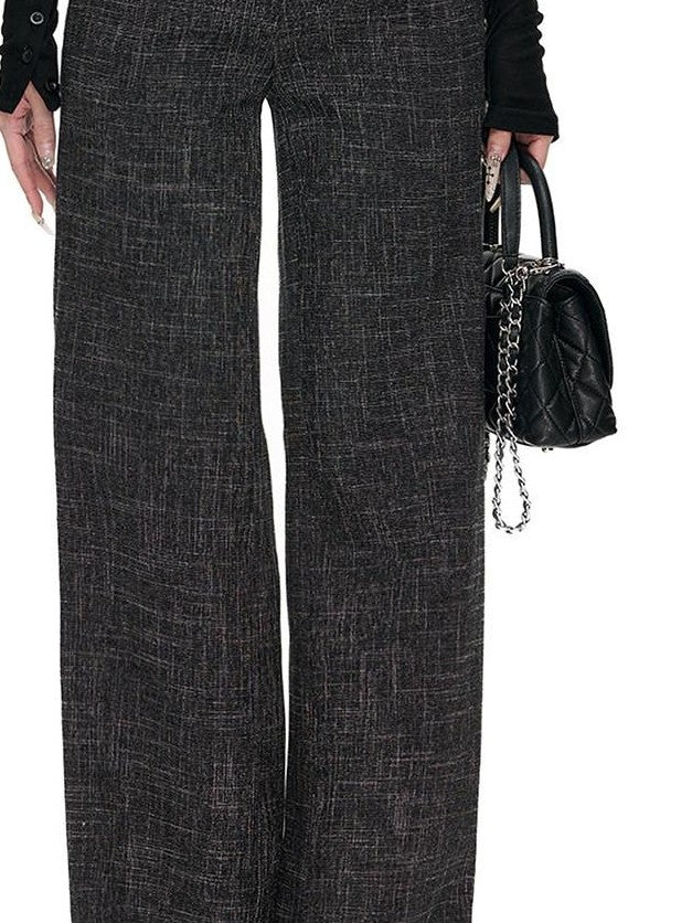 Fanptntox Checked High Waist Cuffed Straight Women's Polyester Tailored Pants