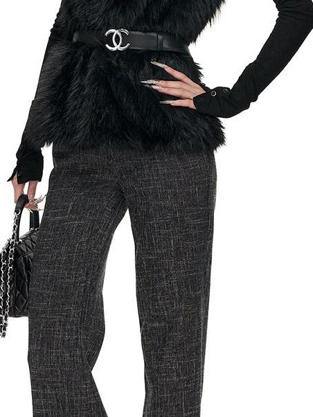 Fanptntox Checked High Waist Cuffed Straight Women's Polyester Tailored Pants