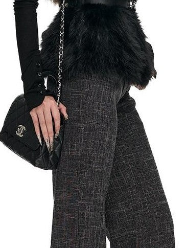 Fanptntox Checked High Waist Cuffed Straight Women's Polyester Tailored Pants