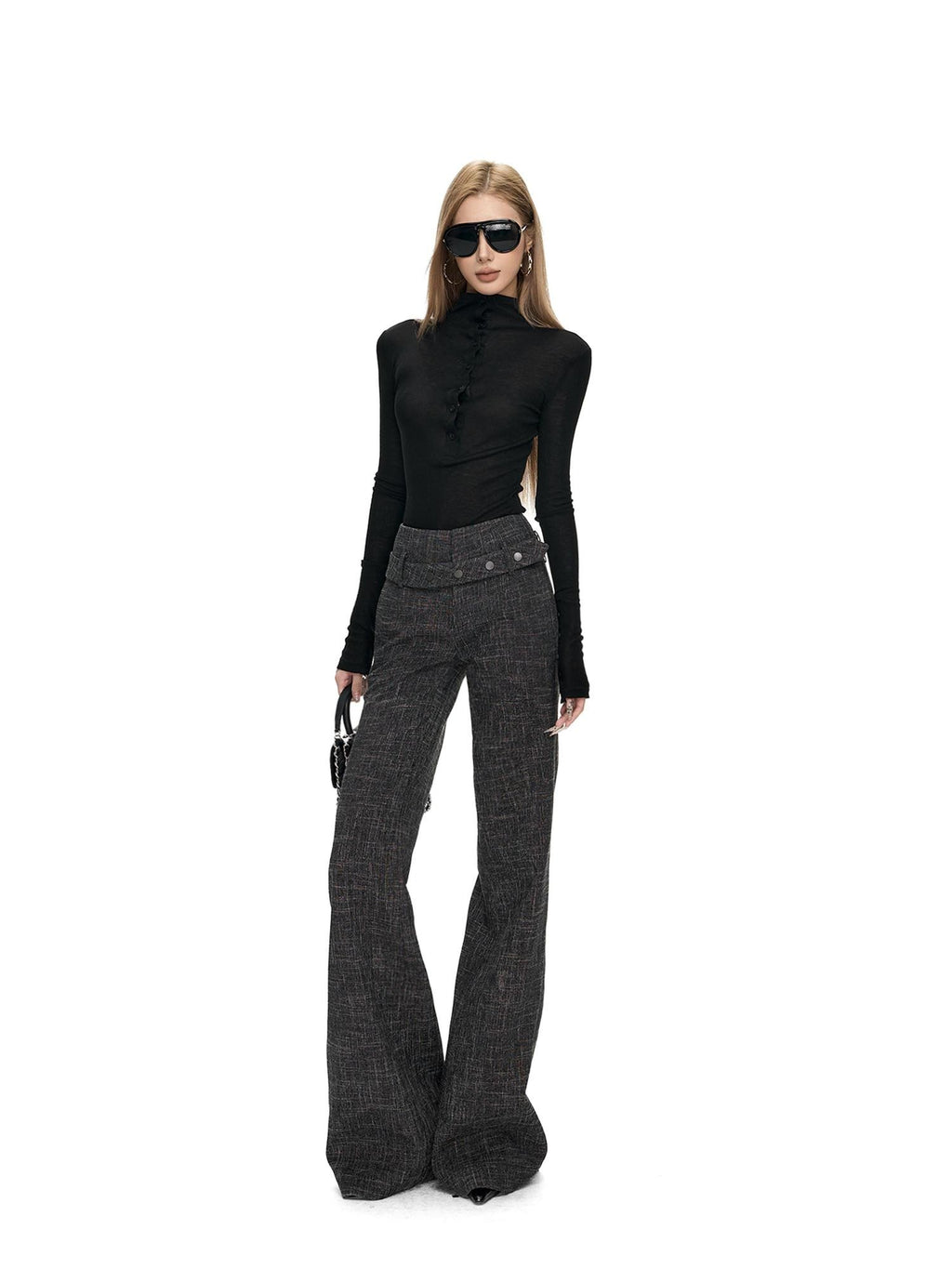 Fanptntox Checked High Waist Cuffed Straight Women's Polyester Tailored Pants