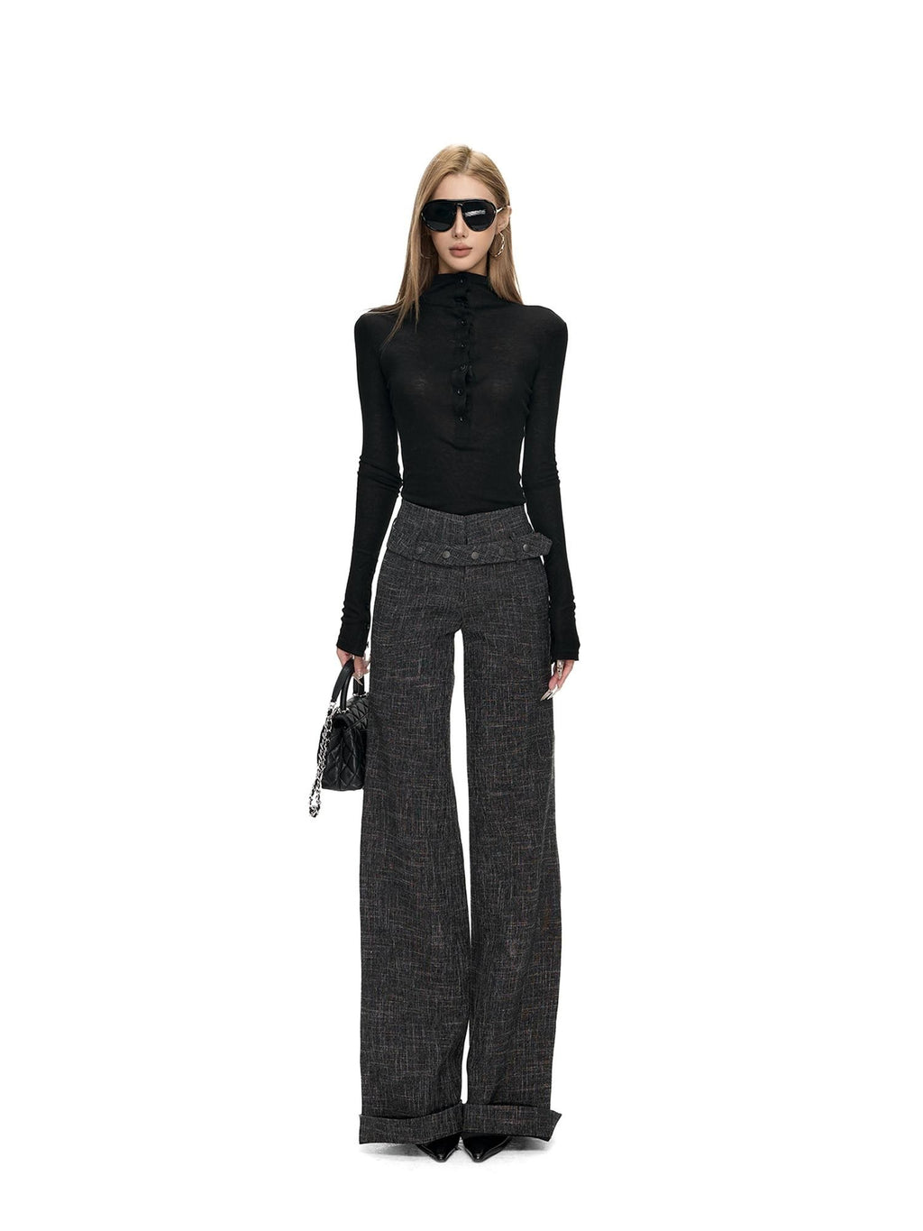 Fanptntox Checked High Waist Cuffed Straight Women's Polyester Tailored Pants
