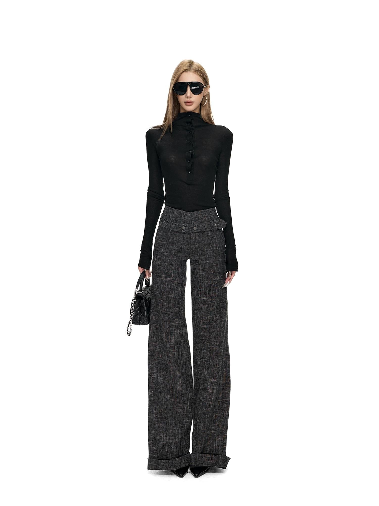 Fanptntox Checked High Waist Cuffed Straight Women's Polyester Tailored Pants
