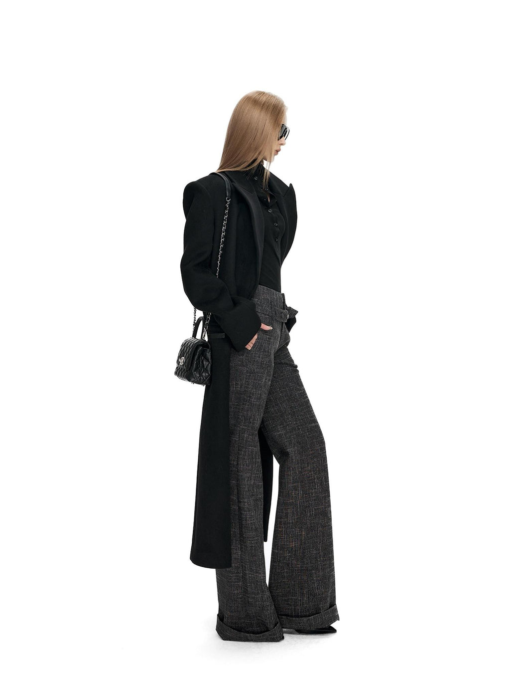 Fanptntox Checked High Waist Cuffed Straight Women's Polyester Tailored Pants