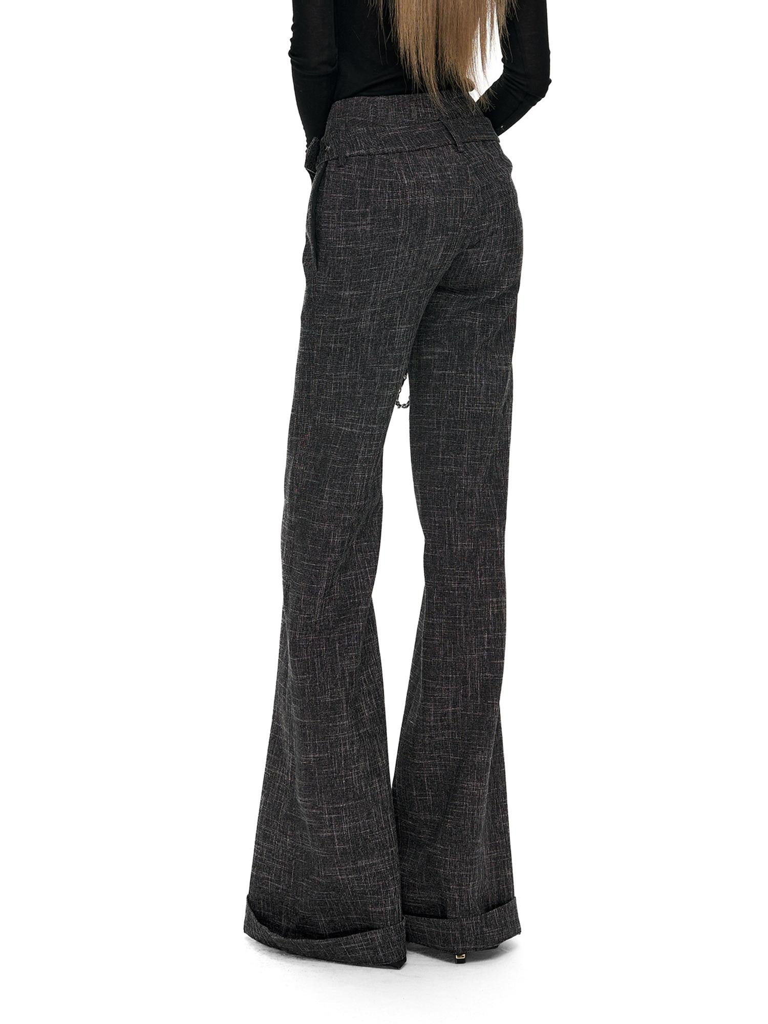 Fanptntox Checked High Waist Cuffed Straight Women's Polyester Tailored Pants