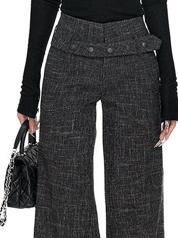 Fanptntox Checked High Waist Cuffed Straight Women's Polyester Tailored Pants