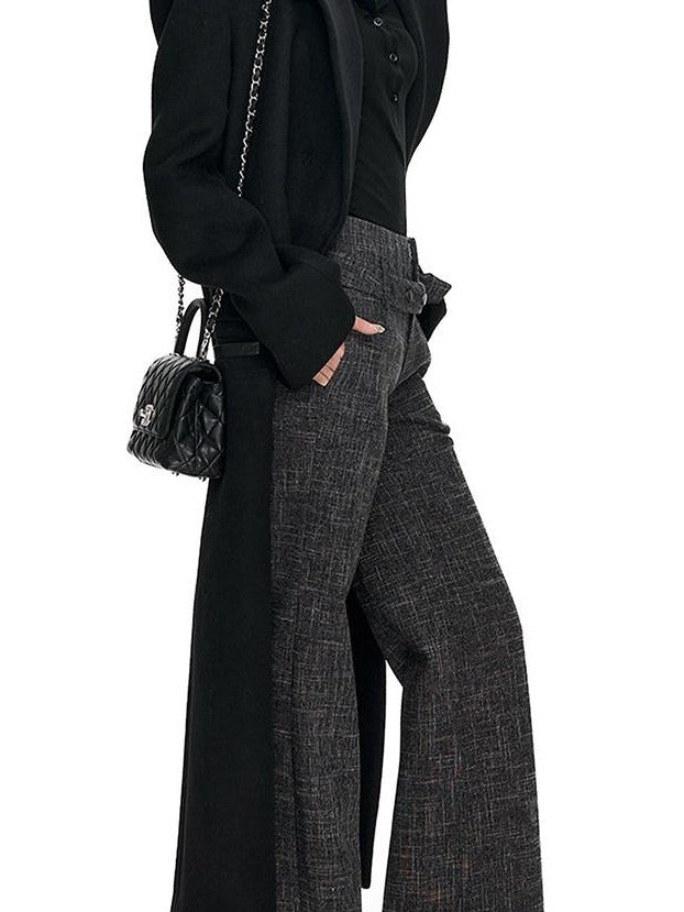 Fanptntox Checked High Waist Cuffed Straight Women's Polyester Tailored Pants