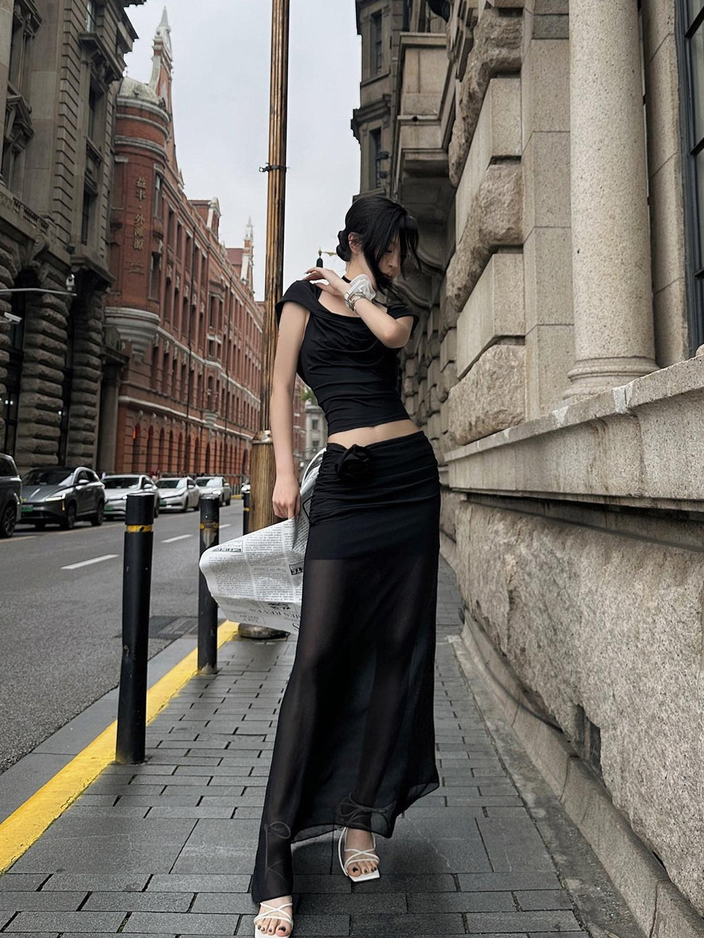 Fanptntox Chiffon Sheer Low Waist Slim Fit Solid H Line Pencil Women's Other Maxi Skirts