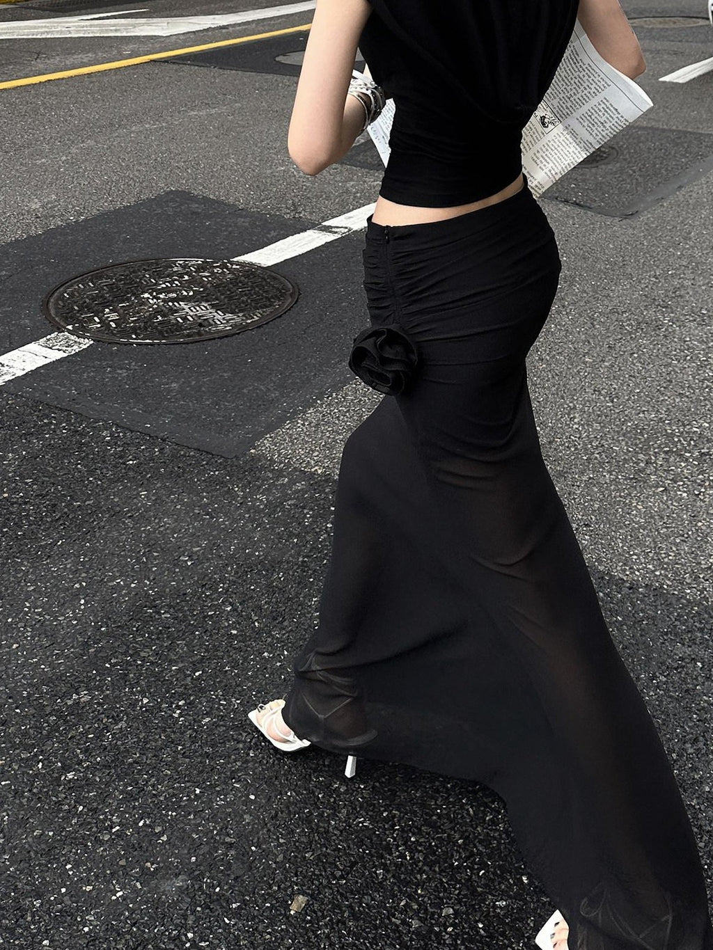 Fanptntox Chiffon Sheer Low Waist Slim Fit Solid H Line Pencil Women's Other Maxi Skirts