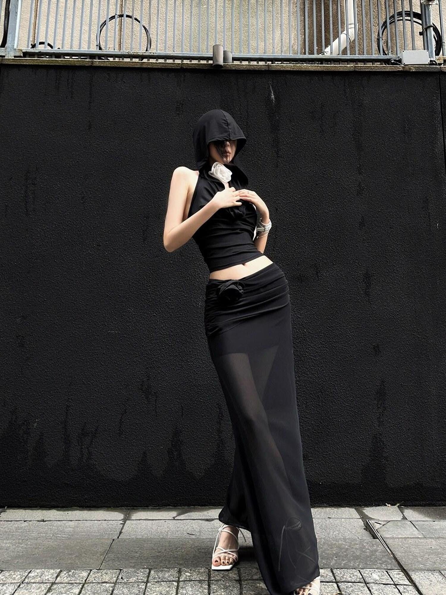 Fanptntox Chiffon Sheer Low Waist Slim Fit Solid H Line Pencil Women's Other Maxi Skirts