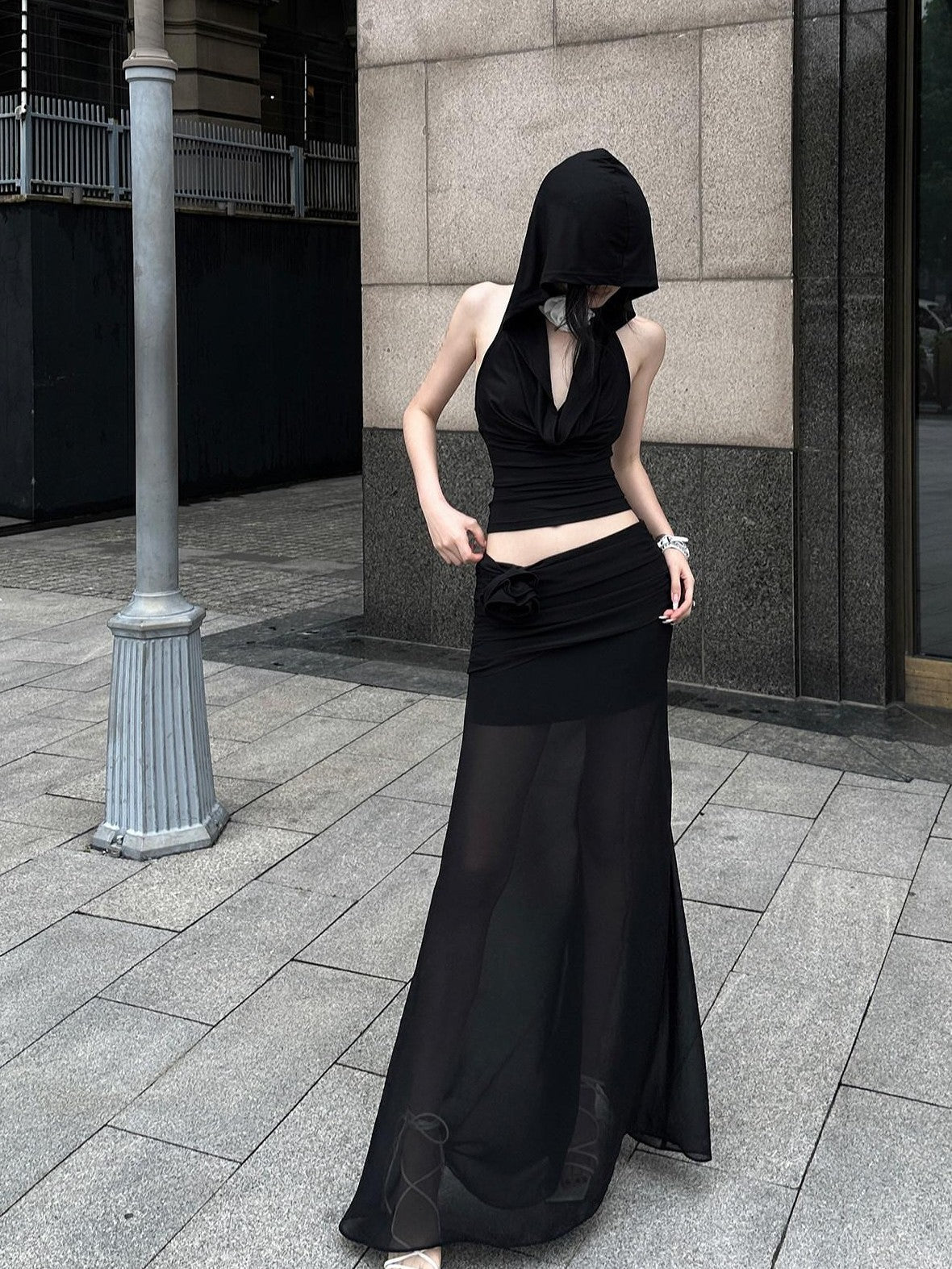 Fanptntox Chiffon Sheer Low Waist Slim Fit Solid H Line Pencil Women's Other Maxi Skirts