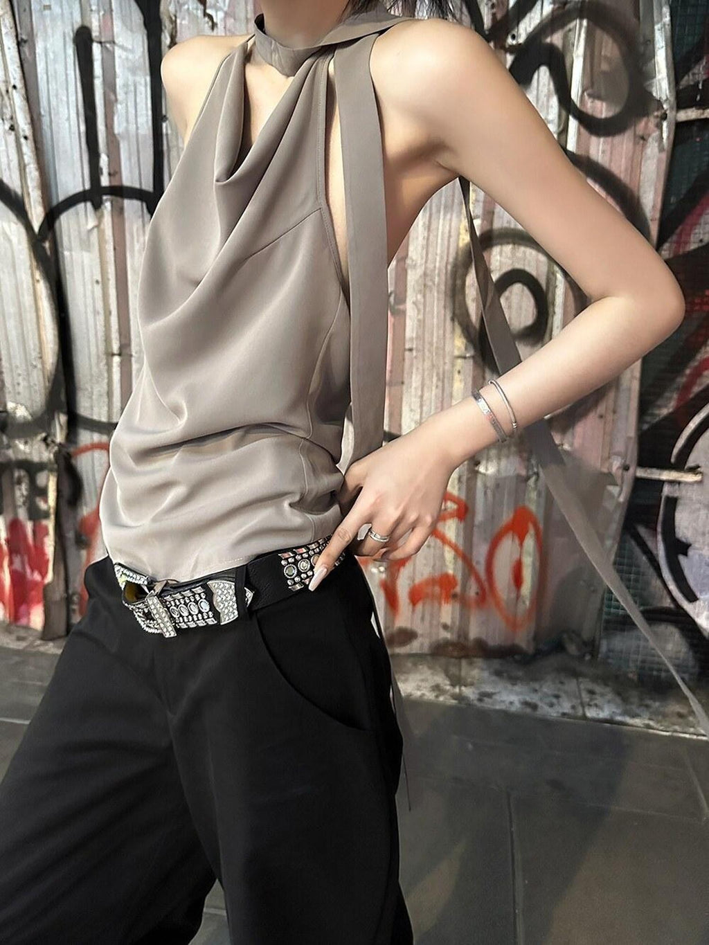 Fanptntox Coffee Brown Tie Back Open Back Solid Straight Cut Women's Halter Tops