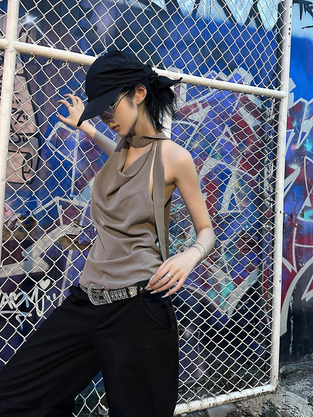 Fanptntox Coffee Brown Tie Back Open Back Solid Straight Cut Women's Halter Tops