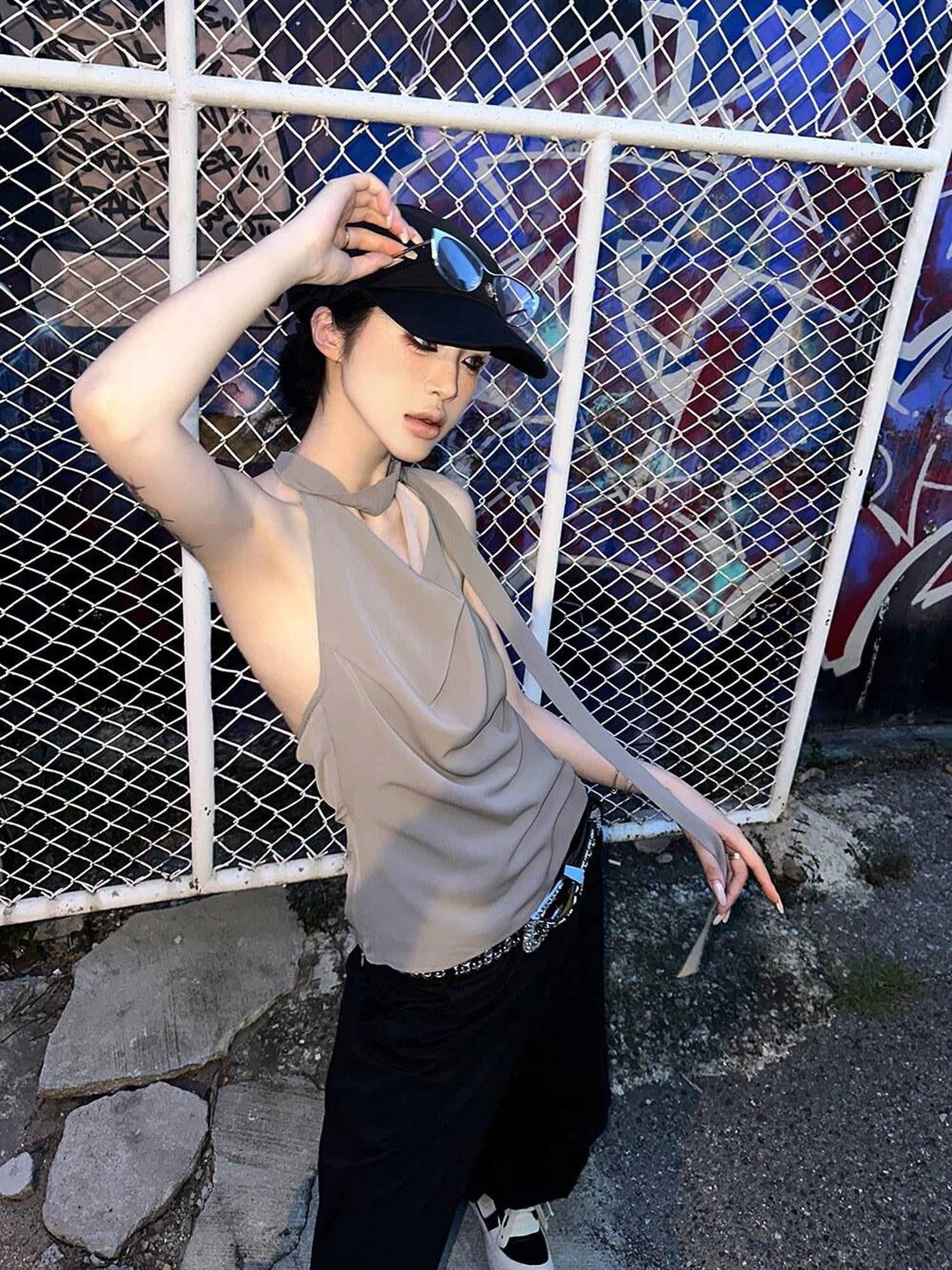 Fanptntox Coffee Brown Tie Back Open Back Solid Straight Cut Women's Halter Tops