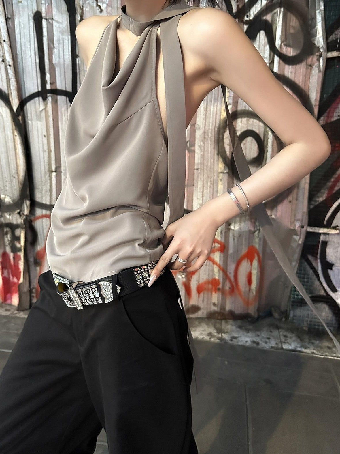Fanptntox Coffee Brown Tie Back Open Back Solid Straight Cut Women's Halter Tops