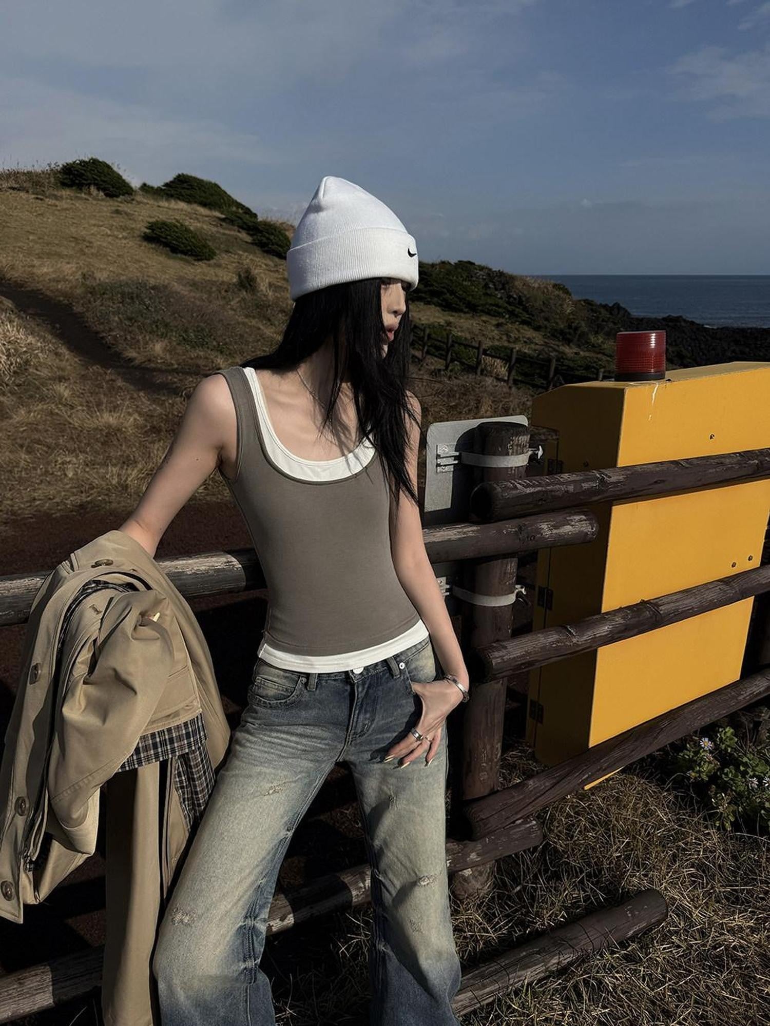 Fanptntox Colorblock Deconstructed Faux Layered Racerback Slim Women's Tank Tops
