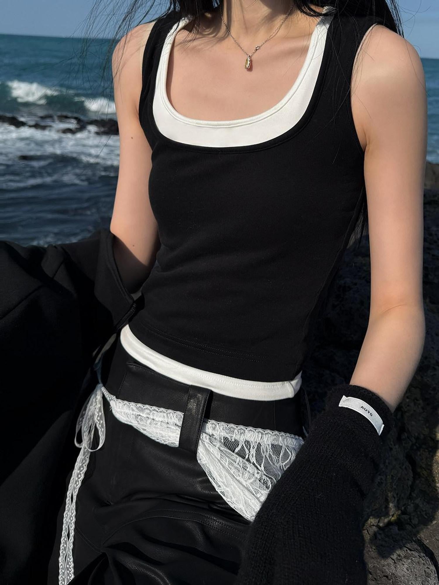 Fanptntox Colorblock Deconstructed Faux Layered Racerback Slim Women's Tank Tops