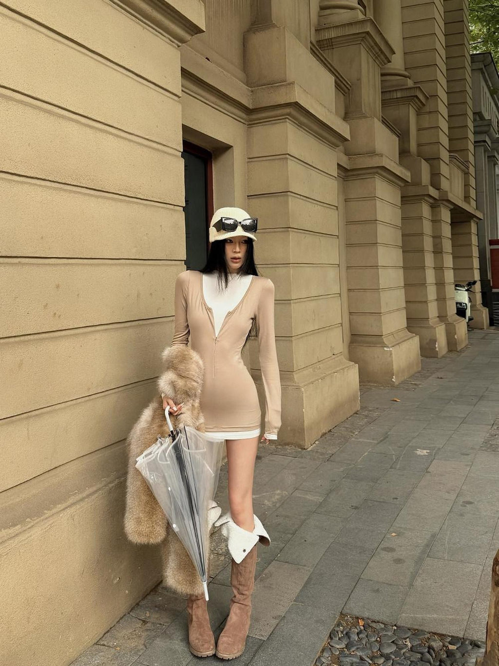 Fanptntox Colorblock Faux Two Piece Zip Bodycon High Waist Women's Casual Mini Dresses