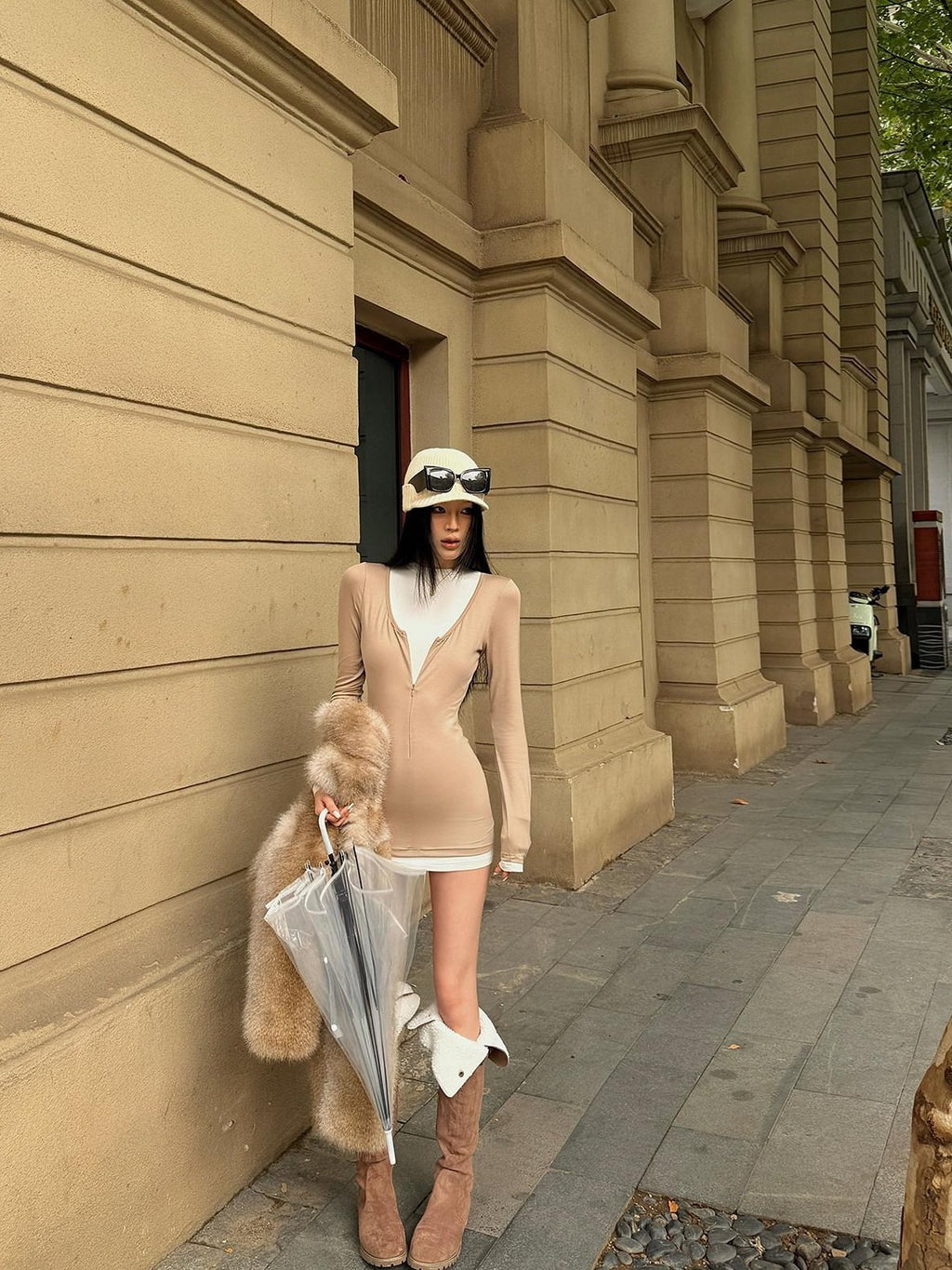 Fanptntox Colorblock Faux Two Piece Zip Bodycon High Waist Women's Casual Mini Dresses
