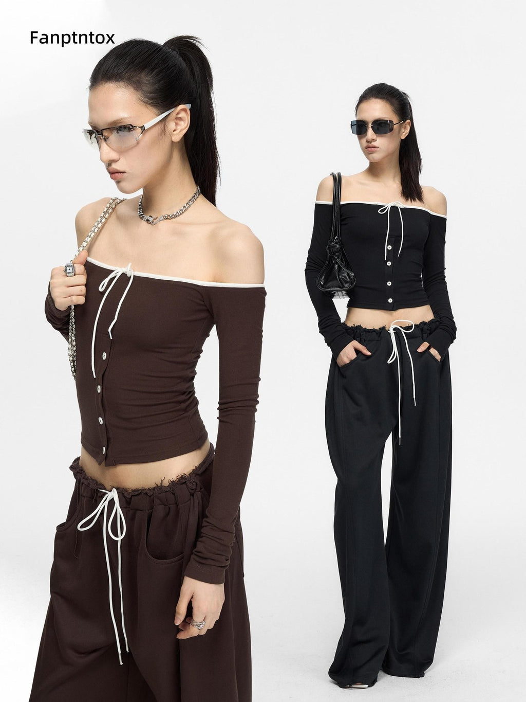 Fanptntox Contrast Drawcord One Shoulder Knit Women's Viscose Long Sleeve T-shirts