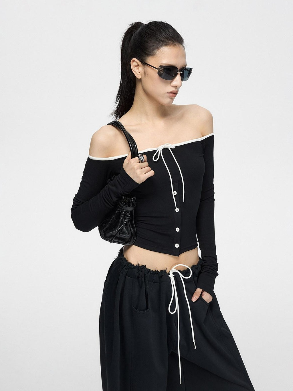 Fanptntox Contrast Drawcord One Shoulder Knit Women's Viscose Long Sleeve T-shirts