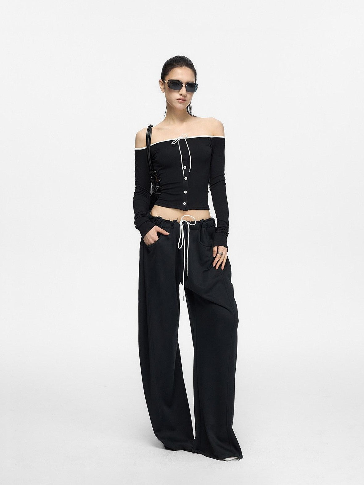 Fanptntox Contrast Drawcord One Shoulder Knit Women's Viscose Long Sleeve T-shirts