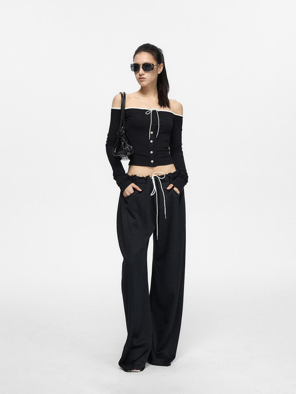 Fanptntox Contrast Drawcord One Shoulder Knit Women's Viscose Long Sleeve T-shirts