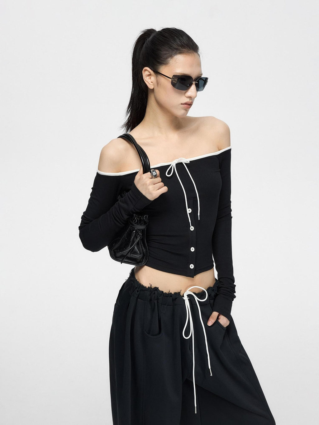 Fanptntox Contrast Drawcord One Shoulder Knit Women's Viscose Long Sleeve T-shirts