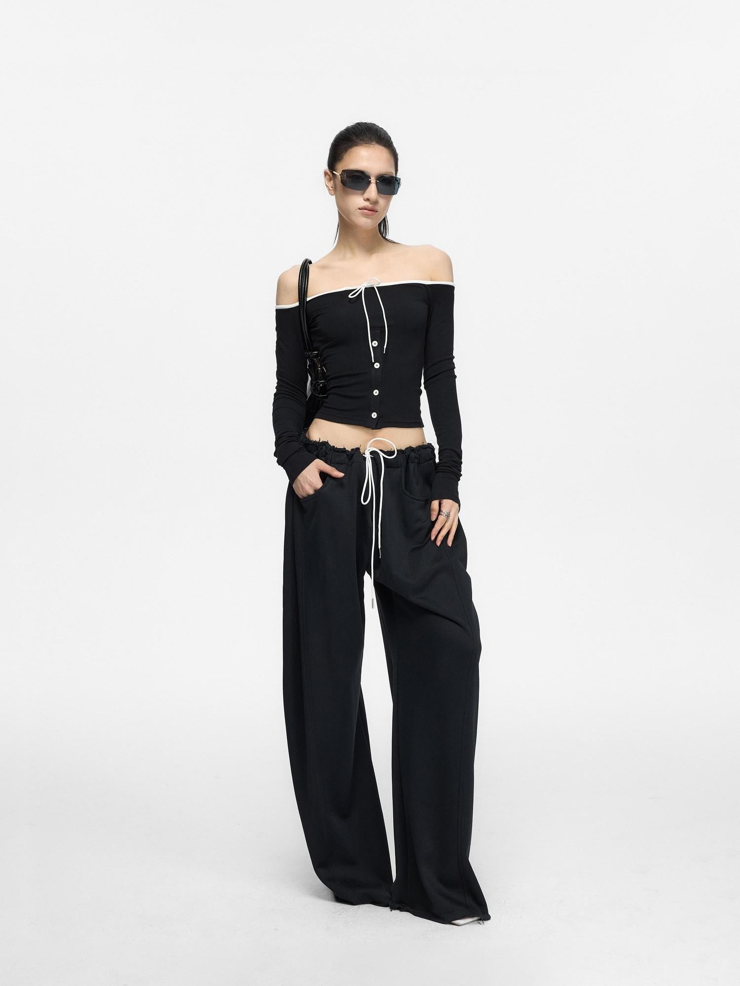 Fanptntox Contrast Drawcord One Shoulder Knit Women's Viscose Long Sleeve T-shirts