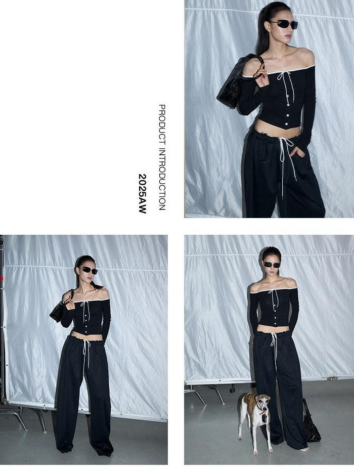 Fanptntox Contrast Drawcord One Shoulder Knit Women's Viscose Long Sleeve T-shirts