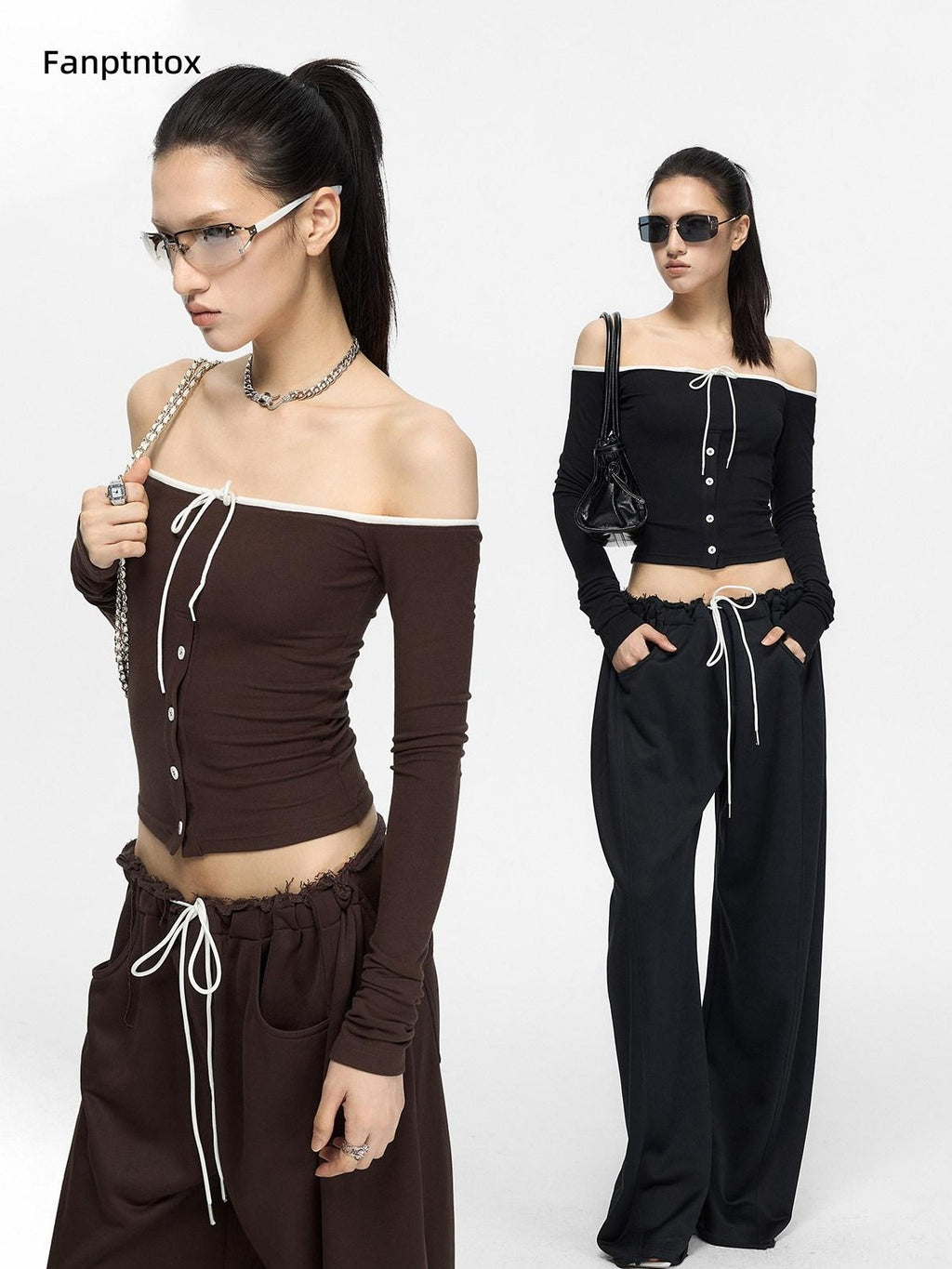 Fanptntox Contrast Drawcord One Shoulder Knit Women's Viscose Long Sleeve T-shirts