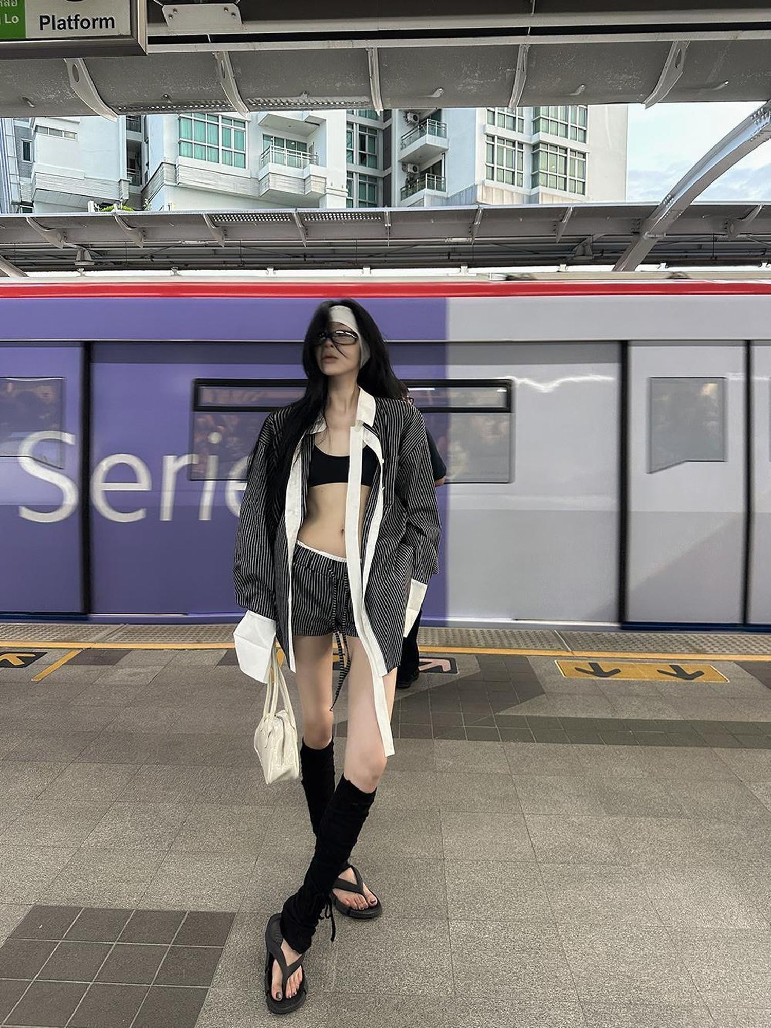Fanptntox Contrast Stripe Long Sleeve Women's Slim Shorts Casual Top & Shorts Sets